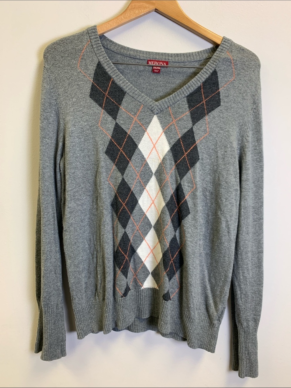 Merona Gray Argyle V-Neck Sweater with White & Orange Accents
